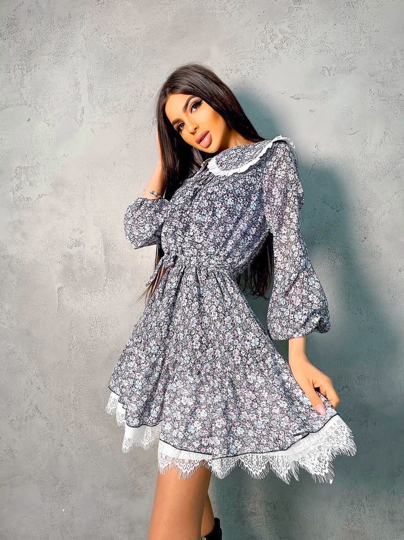 Шифоновое платье с воротничком и подъюбником, декорированным кружевом Шифоновое платье с воротничком и подъюбником, декорированным кружевом | PUSHKA SHOP