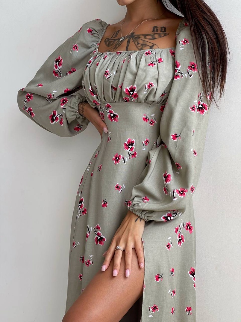 Сукня міді з розрізом в квітковий принт + прозорий корсет Сукня міді з розрізом в квітковий принт + прозорий корсет | PUSHKA SHOP