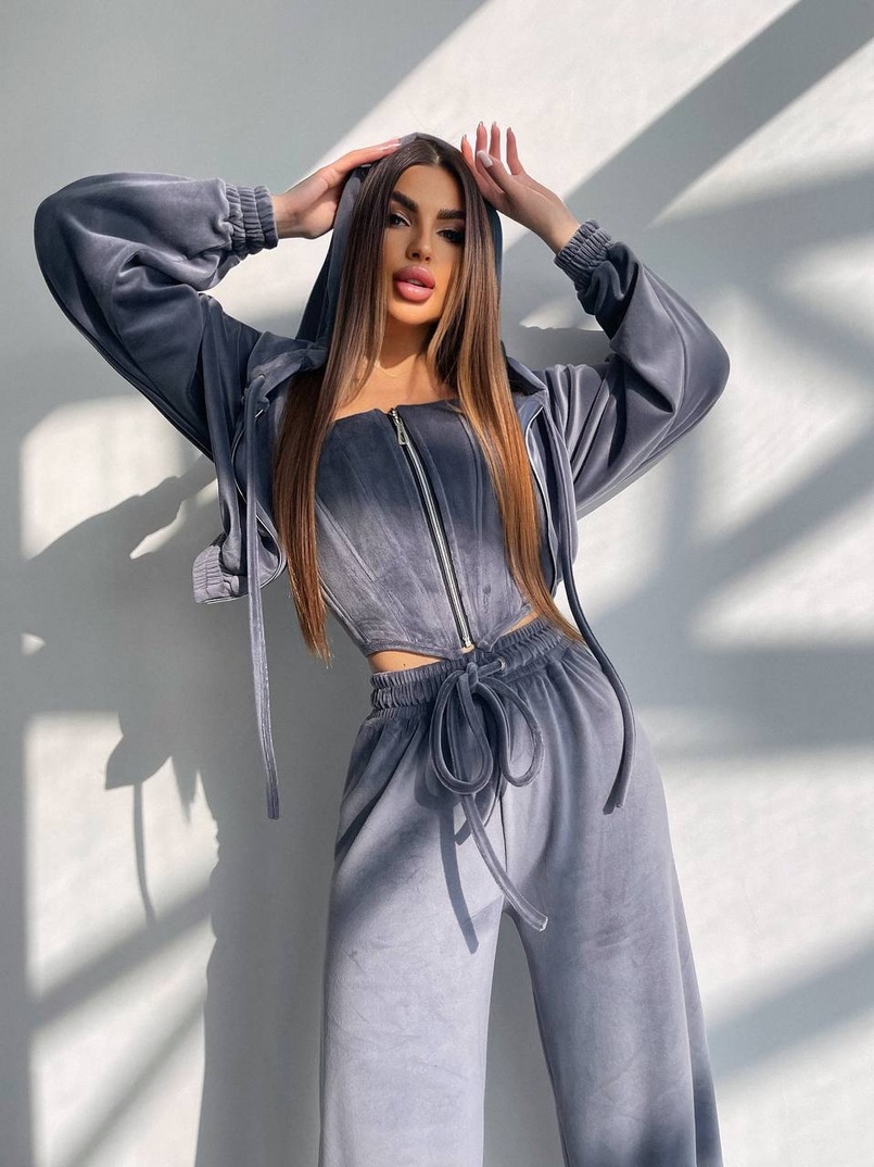 Велюровий комплект трійка: кофта + корсет на блискавці+ штани | PUSHKA SHOP