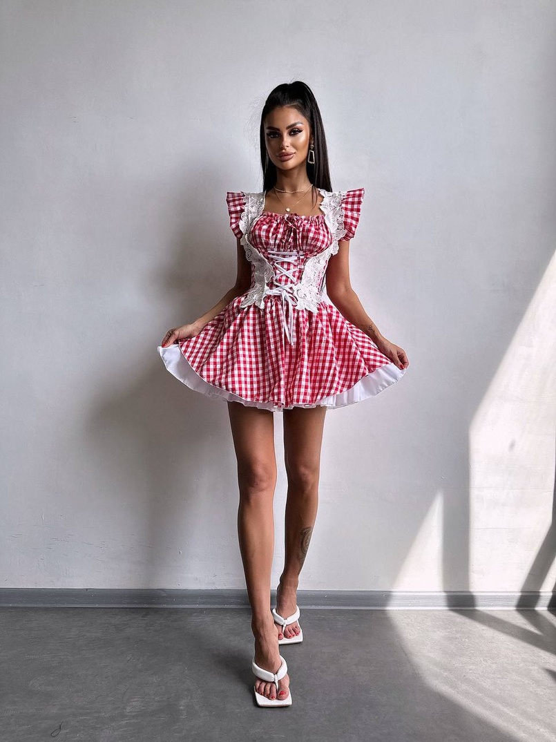 Сукня в клітинку декорована мереживом  | PUSHKA SHOP