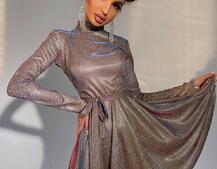 Блискуча сукня з розкльошеною спідницею та високим коміром | PUSHKA SHOP