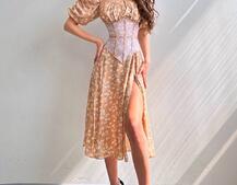 Сукня міді з розрізом в квітковий принт + прозорий корсет  | PUSHKA SHOP