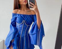 Шифонова сукня на підкладці з розкльошеними рукавами з асиметричною спідницею + корсет декорований стразами Ручна робота! | PUSHKA SHOP