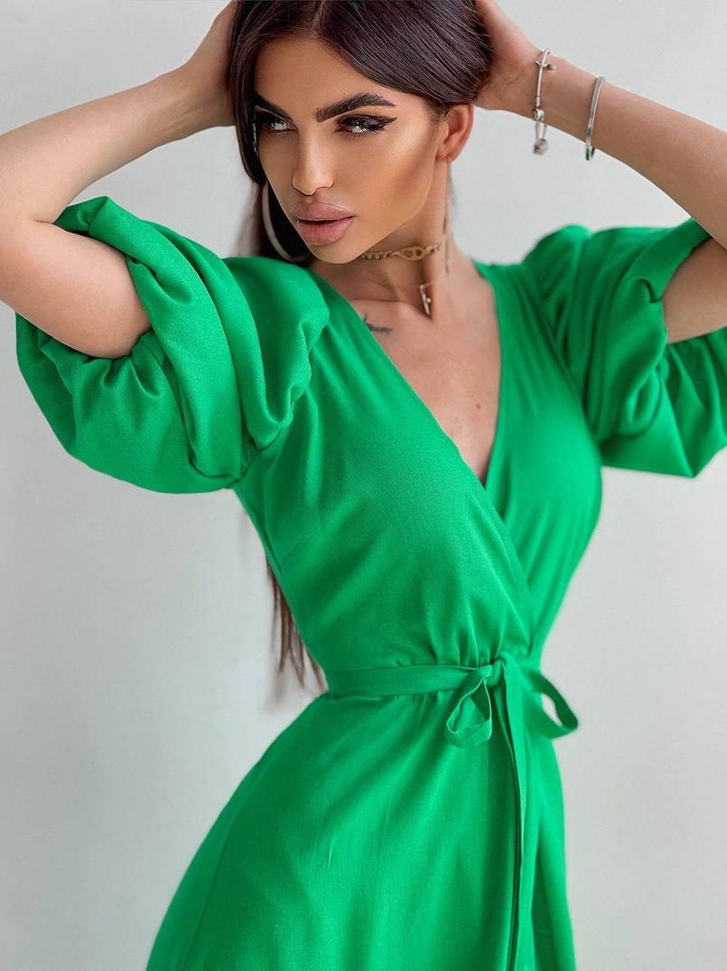 Льняное платье-миди с запахом и объемными рукавами  | PUSHKA SHOP