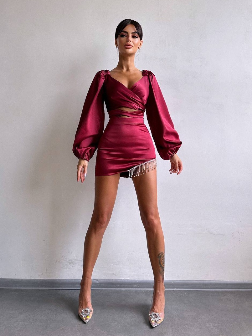 Атласний комплект, декорований бахромою зі страз | PUSHKA SHOP