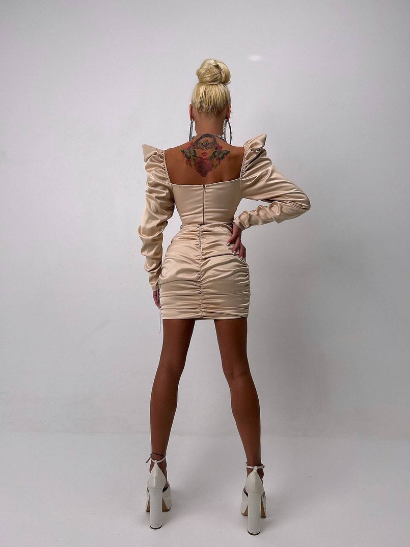 Сукня міні з драпіруванням, декорована стразами  | PUSHKA SHOP