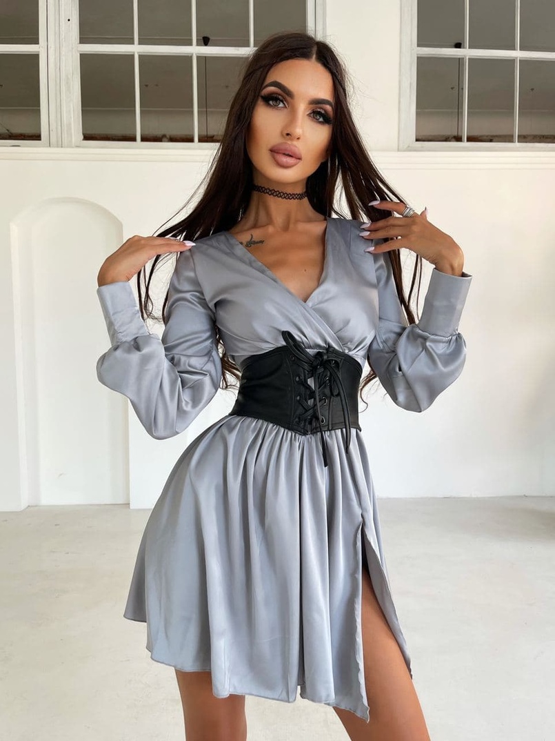 Шелковое платье  с разрезом  + корсет из эко-кож Шелковое платье  с разрезом  + корсет из эко-кож | PUSHKA SHOP