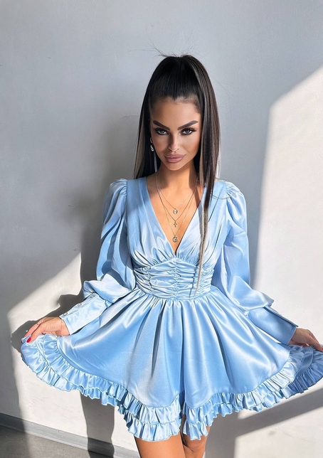 Атласна сукня з пишною подвійною спідницею та об‘ємними рукавами | PUSHKA SHOP