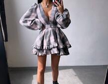 Сукня з подвійною спідницею та обʼємними рукавами у клітинку  | PUSHKA SHOP