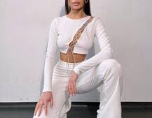 Комплект : штани кльош і топ декорований шнурком зі стразами  | PUSHKA SHOP