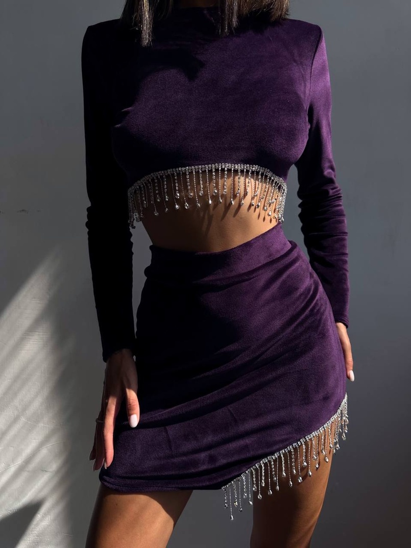 Оксамитовий комплект, декорований бахромою зі страз Оксамитовий комплект, декорований бахромою зі страз | PUSHKA SHOP