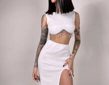 Комплект: топ з бахромою зі страз та спідниця з розрізом  | PUSHKA SHOP