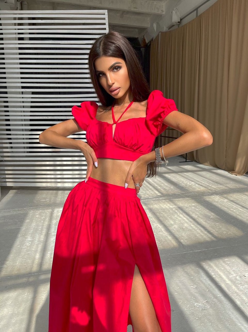 Комплект из хлопка: топ с завязками на груди + юбка-миди с разрезом  | PUSHKA SHOP