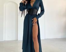 Шелковое платье -миди с разрезом  + корсет из эко-кожи | PUSHKA SHOP