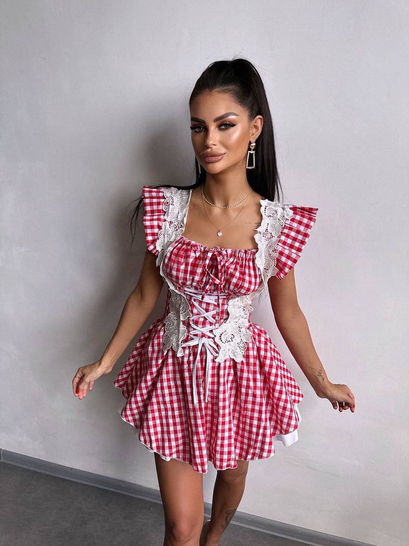 Сукня в клітинку декорована мереживом  | PUSHKA SHOP