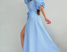 Льняное платье-миди с запахом и объемными рукавами  | PUSHKA SHOP