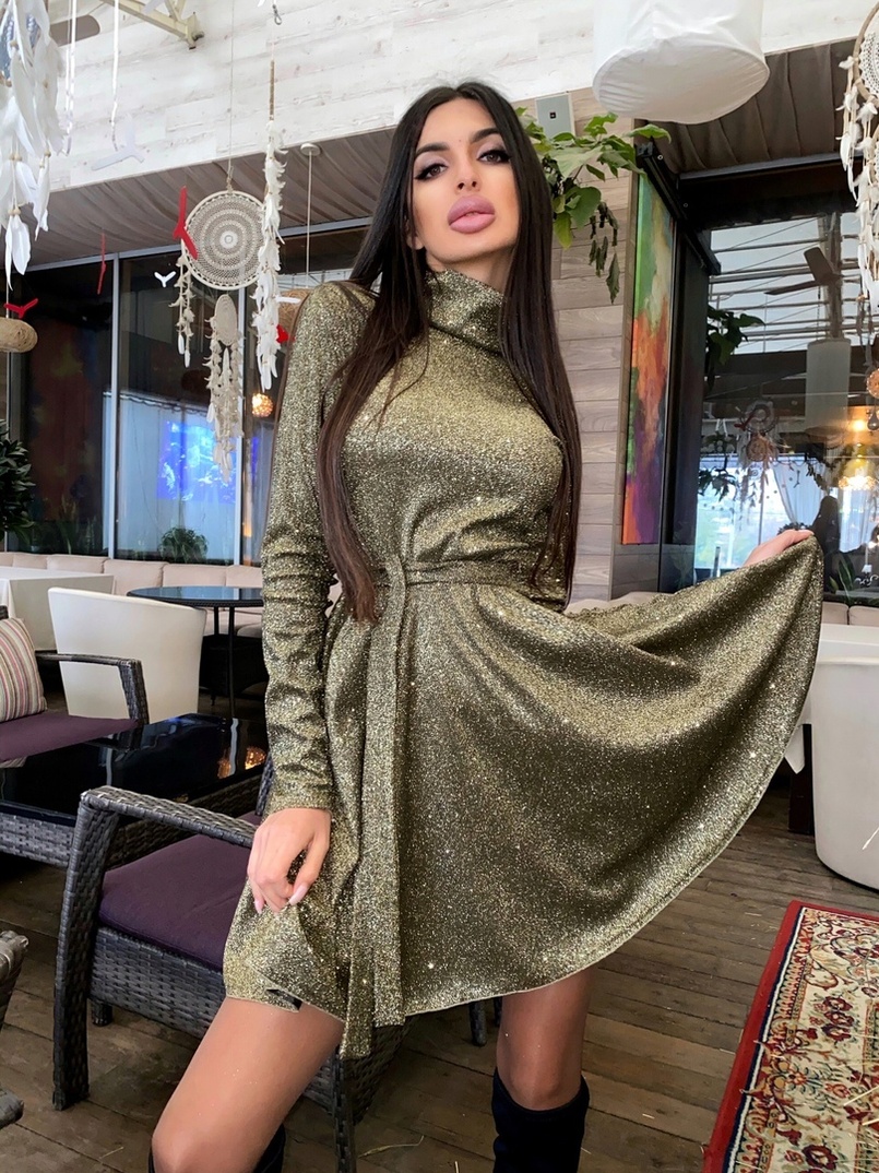 Блестящее платье с расклешенной юбкой и высоким воротом Блестящее платье с расклешенной юбкой и высоким воротом | PUSHKA SHOP