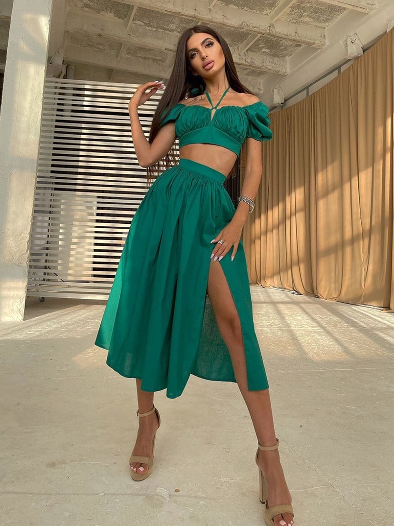 Комплект из хлопка: топ с завязками на груди + юбка-миди с разрезом Комплект из хлопка: топ с завязками на груди + юбка-миди с разрезом | PUSHKA SHOP