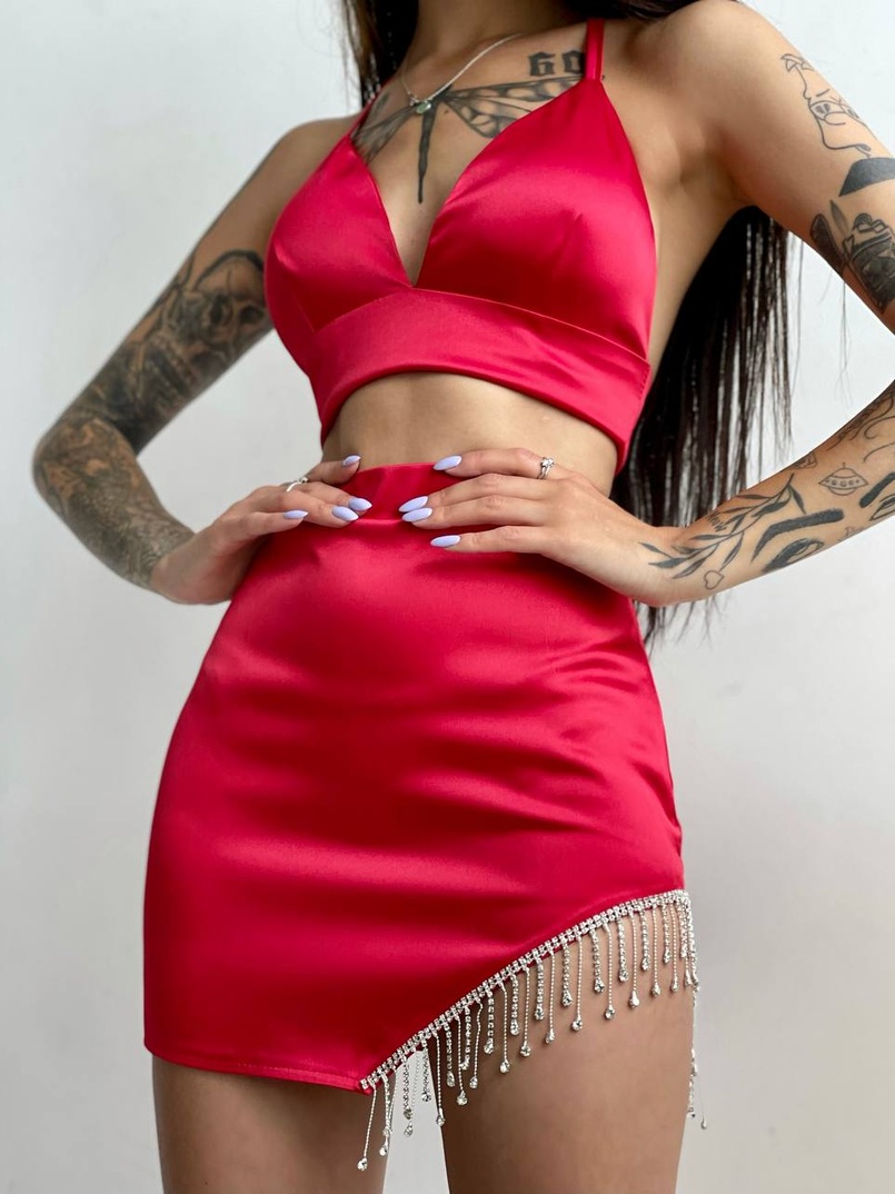 Комплект: топ с чашечками + юбка, декорированным бахромой из страз  | PUSHKA SHOP